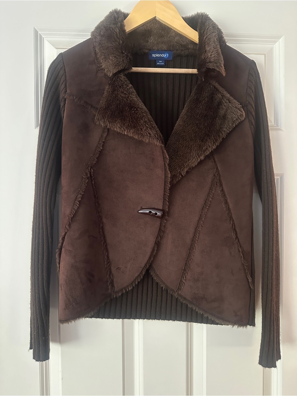Splendid Dark Brown Faux Shearling Jacket with Knit Ribbed Sleeves and Back